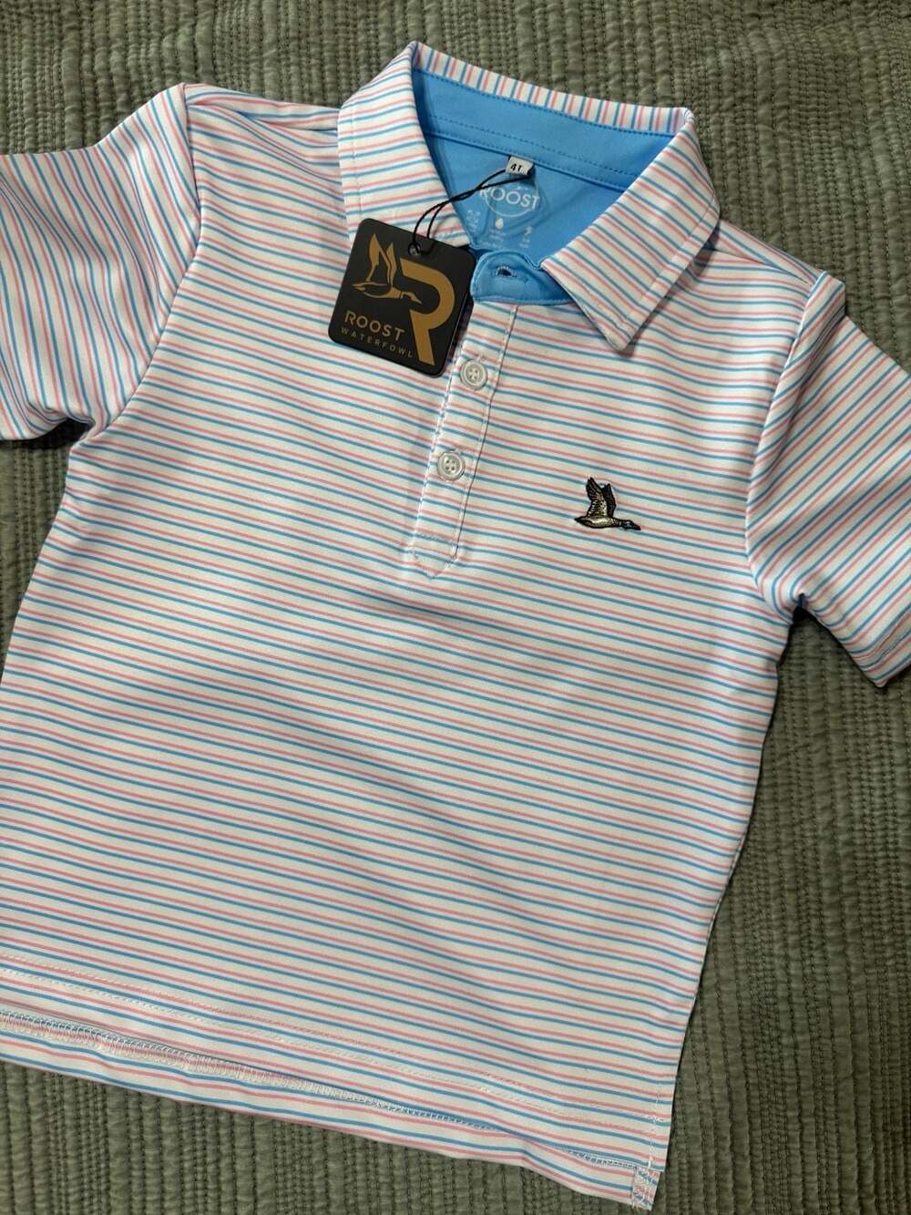 Roost Waterfowl Youth Cayuga Polo Shirt Pink and Blue Striped Size 4T